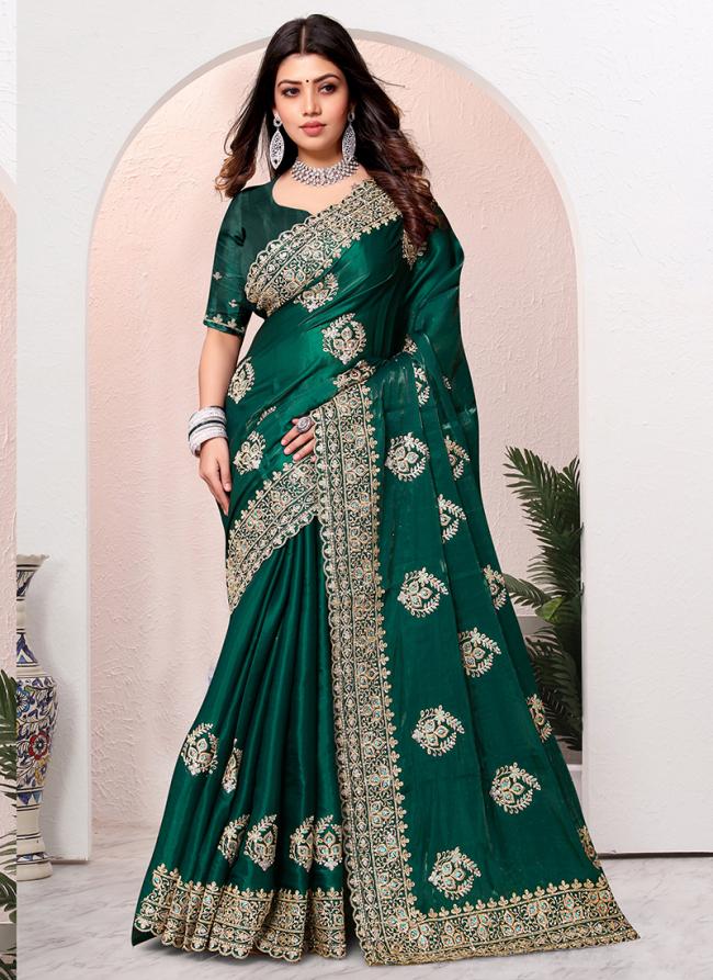 Crepe Silk Bottle Green Wedding Wear Zarkan Work Saree